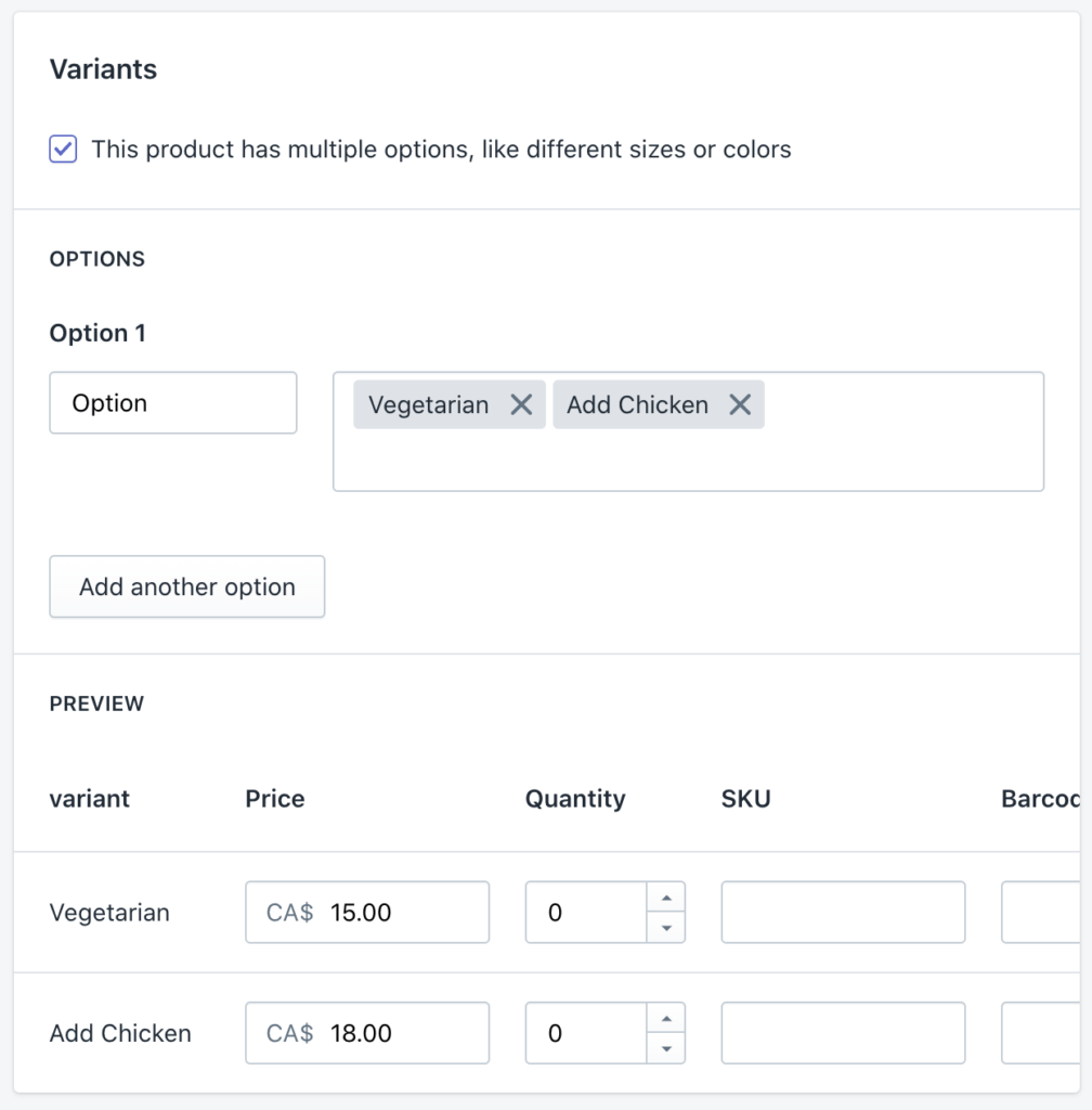 Adding options as shopify variants