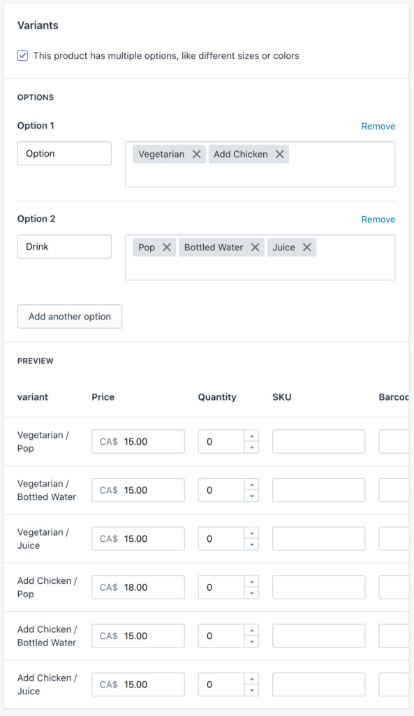 Adding additional options like what drink is included as shopify variants