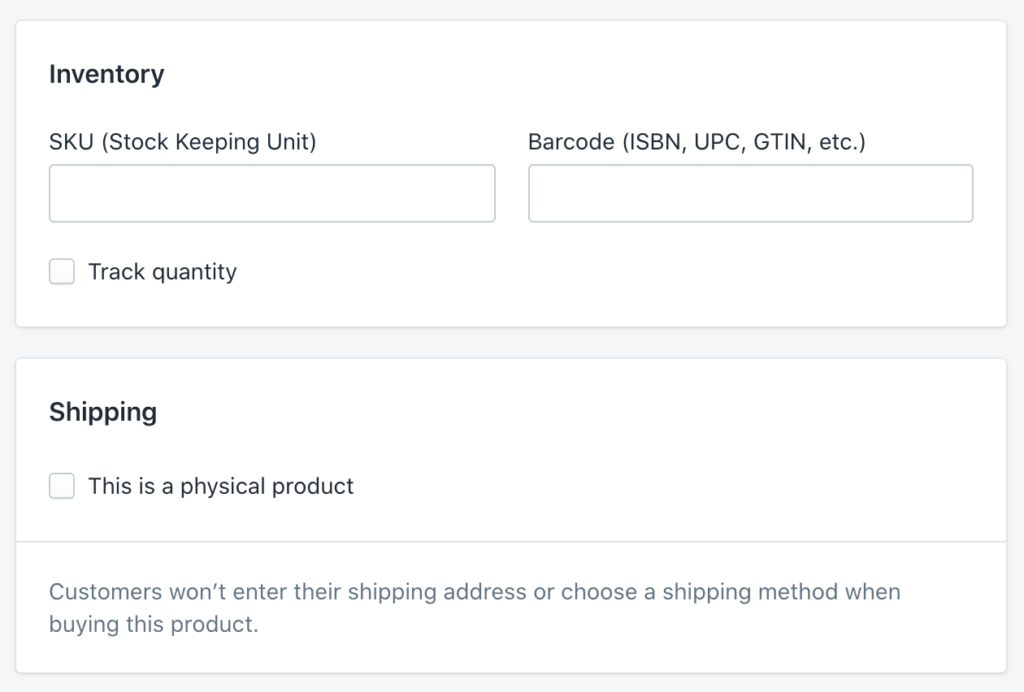 Setting inventory and shipping settings for a shopify menu item product